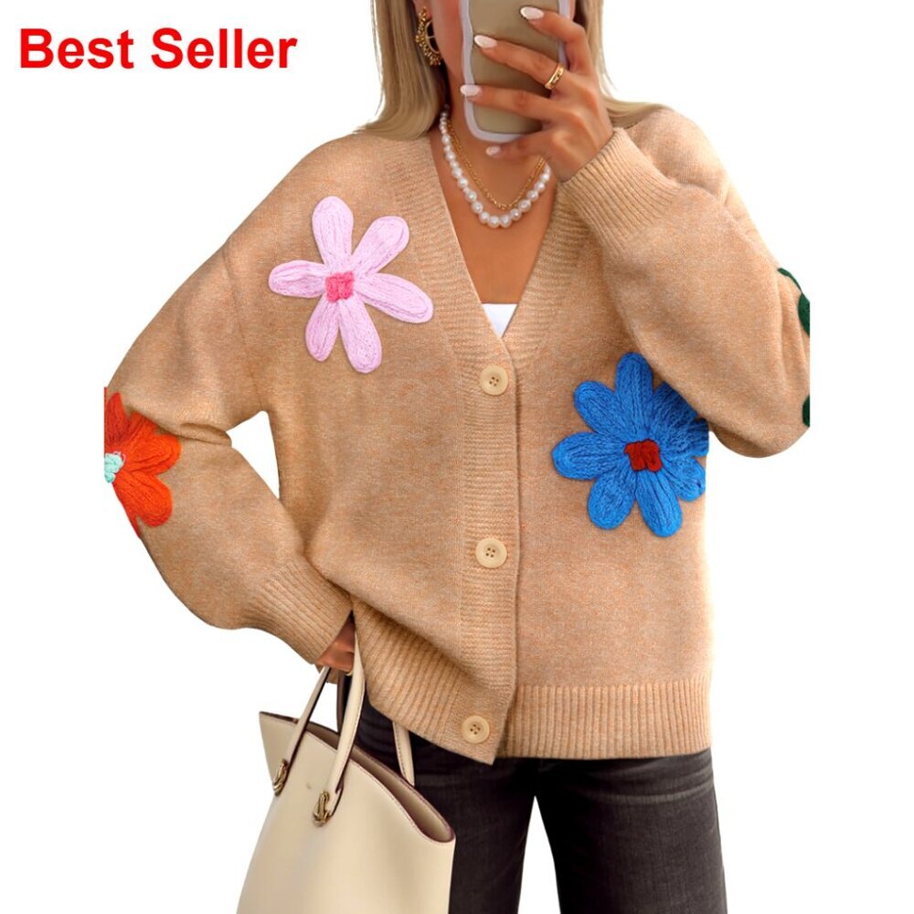 Floral Cardigan Sweater Long Sleeve Open Front Button Down V Neck